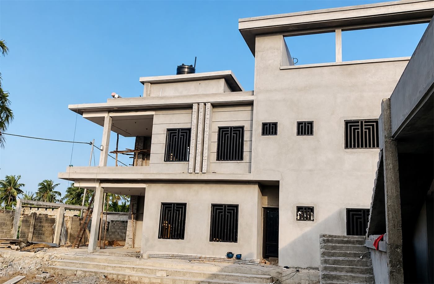 Villa R+2 en cours de construction à Lomé, enduits réalisés, ferronneries posées